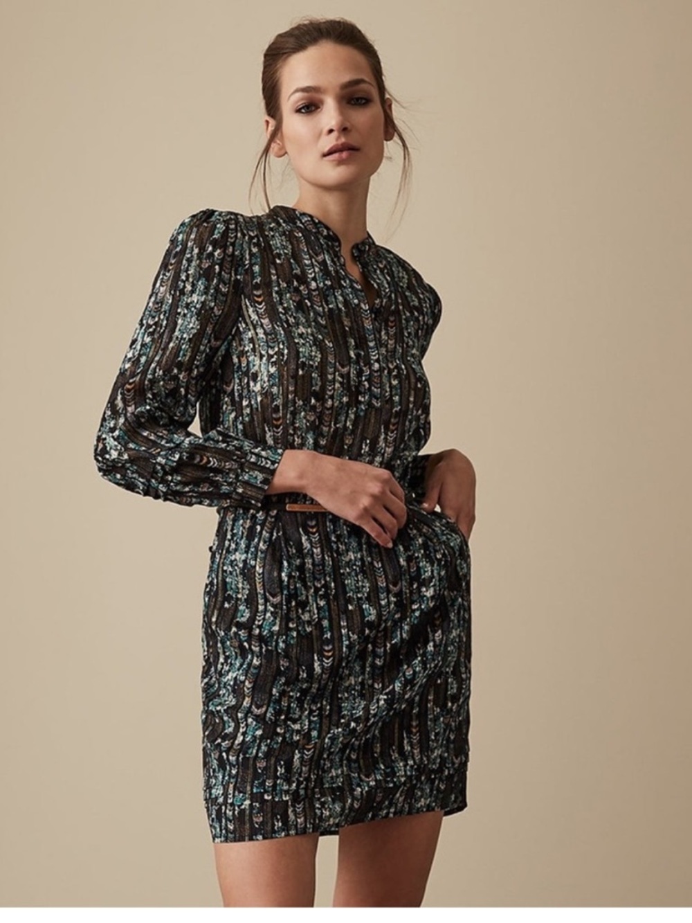 Reiss Miriam Metallic Lurex Floral Long Sleeve Shift Dress Holiday